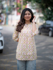 Ivory Floral Printed Short Kurti for Women Stylish Casual Ethnic Top