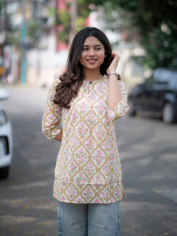Ivory Floral Printed Short Kurti for Women Stylish Casual Ethnic Top