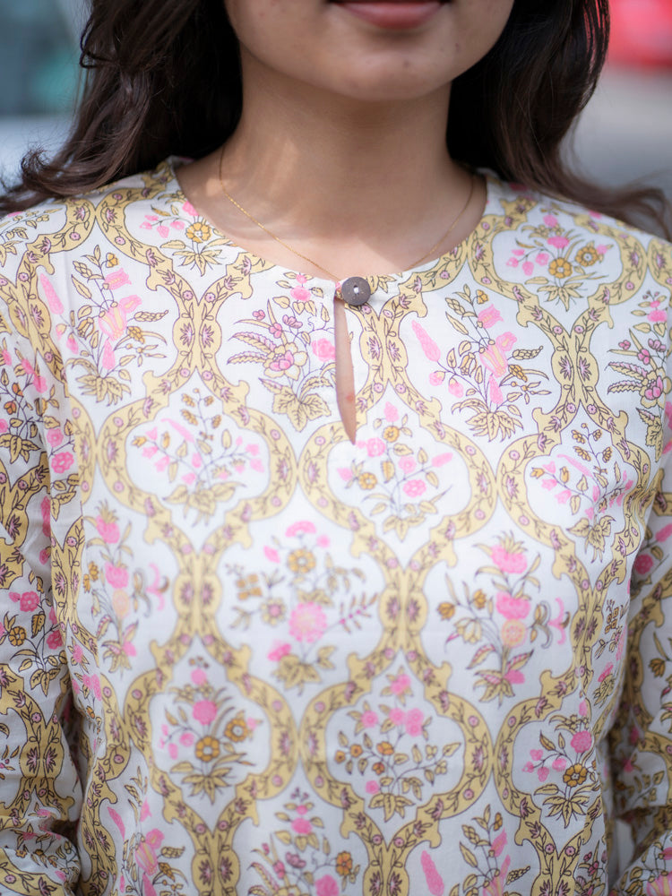 Ivory Floral Printed Short Kurti for Women Stylish Casual Ethnic Top