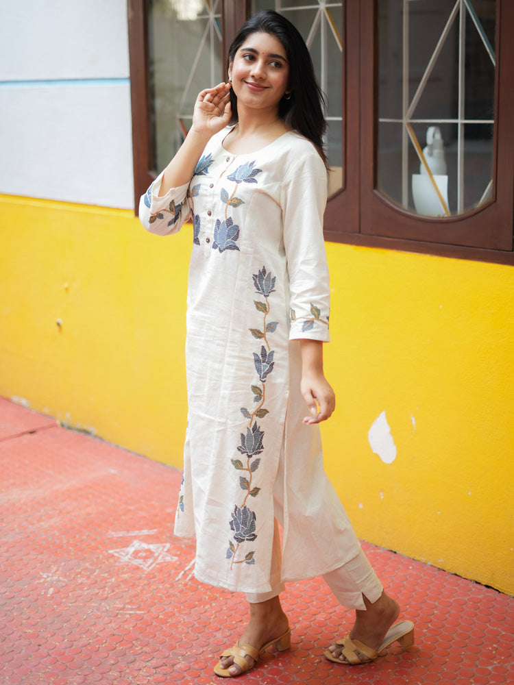 Off White Floral Embroidered Kurta Pant Set for Women Elegant Cotton Ethnic Wear