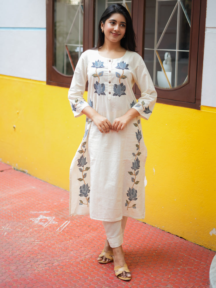 Off White Floral Embroidered Kurta Pant Set for Women Elegant Cotton Ethnic Wear