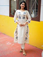 Off White Floral Embroidered Kurta Pant Set for Women Elegant Cotton Ethnic Wear