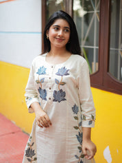Off White Floral Embroidered Kurta Pant Set for Women Elegant Cotton Ethnic Wear