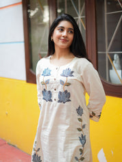 Off White Floral Embroidered Kurta Pant Set for Women Elegant Cotton Ethnic Wear