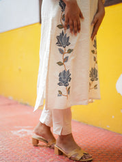 Off White Floral Embroidered Kurta Pant Set for Women Elegant Cotton Ethnic Wear