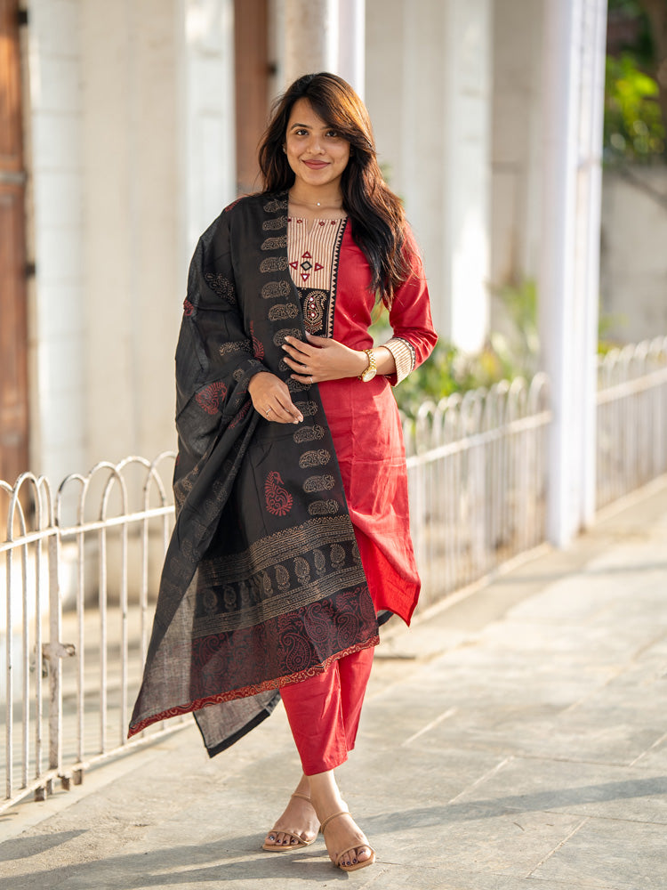 Red Black Embroidered Kurta Pant Dupatta Set for Women | Elegant Festive Ethnic Suit