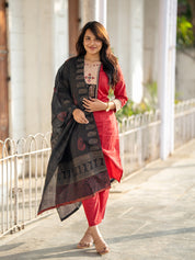 Red Black Embroidered Kurta Pant Dupatta Set for Women | Elegant Festive Ethnic Suit