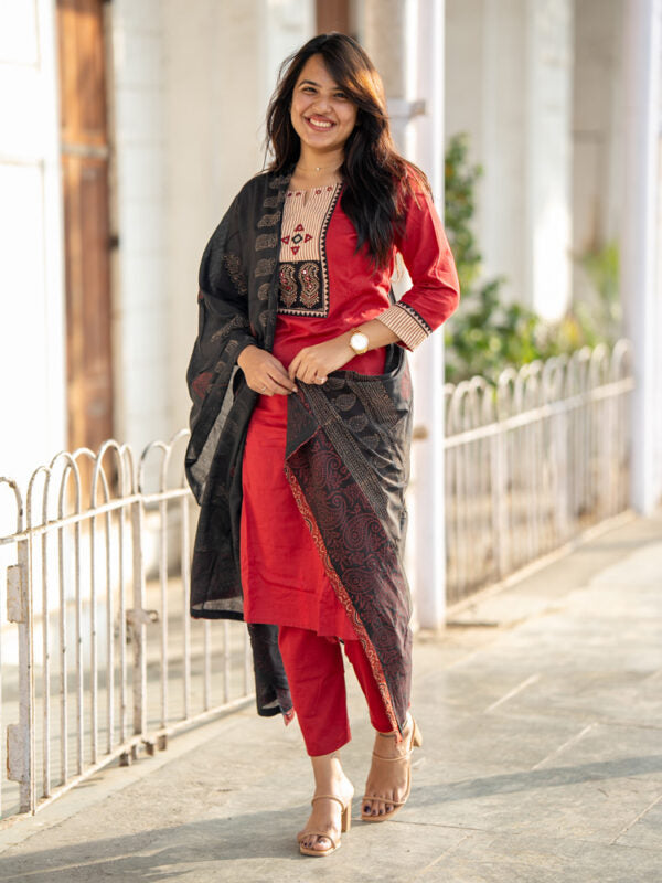 Red Black Embroidered Kurta Pant Dupatta Set for Women | Elegant Festive Ethnic Suit