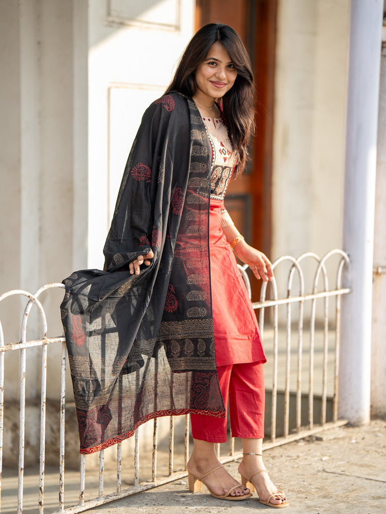 Red Black Embroidered Kurta Pant Dupatta Set for Women | Elegant Festive Ethnic Suit