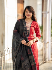 Red Black Embroidered Kurta Pant Dupatta Set for Women | Elegant Festive Ethnic Suit