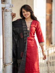 Red Black Embroidered Kurta Pant Dupatta Set for Women | Elegant Festive Ethnic Suit