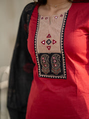Red Black Embroidered Kurta Pant Dupatta Set for Women | Elegant Festive Ethnic Suit