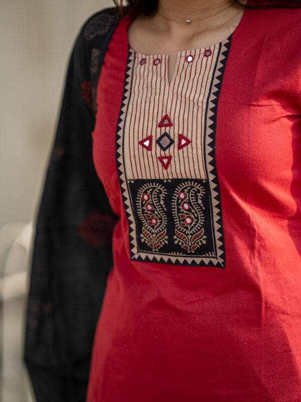 Red Black Embroidered Kurta Pant Dupatta Set for Women | Elegant Festive Ethnic Suit