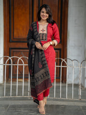 Red Black Embroidered Kurta Pant Dupatta Set for Women | Elegant Festive Ethnic Suit