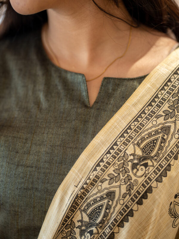 Olive Green Kurta Set with Cream Printed Dupatta for Women Elegant Ethnic Wear