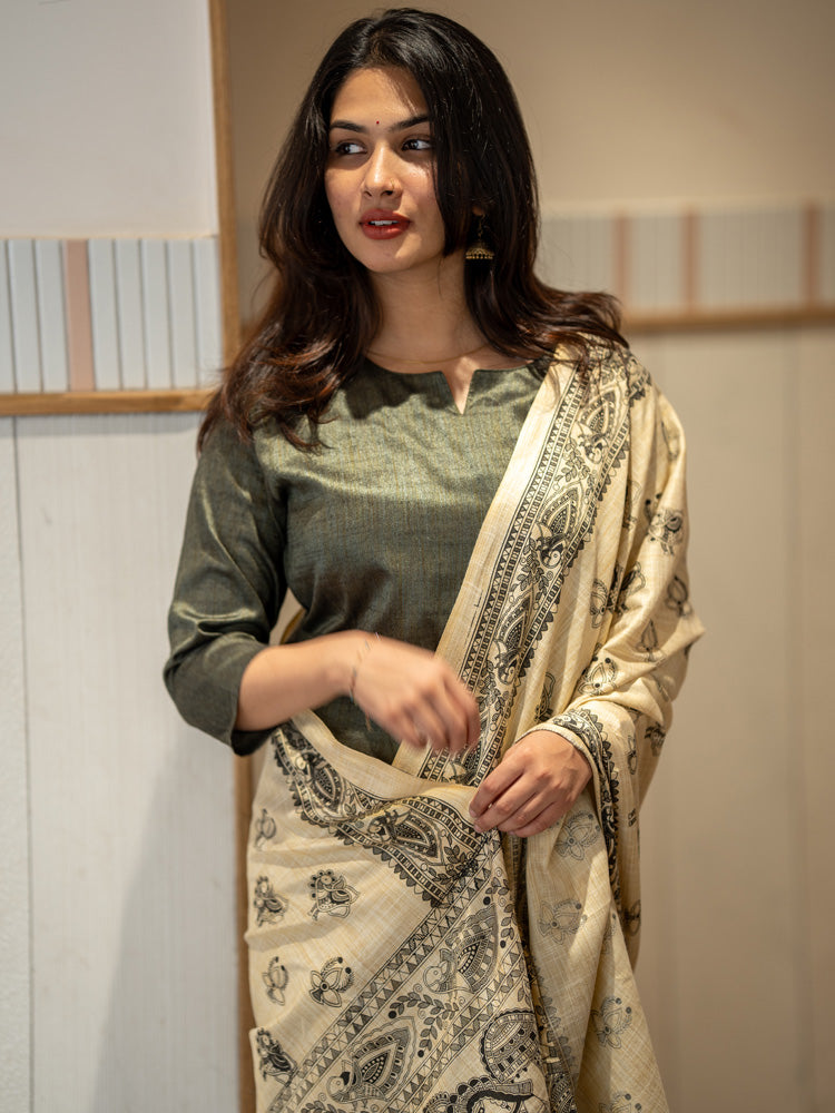Olive Green Kurta Set with Cream Printed Dupatta for Women Elegant Ethnic Wear
