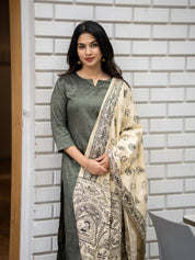 Olive Green Kurta Set with Cream Printed Dupatta for Women Elegant Ethnic Wear