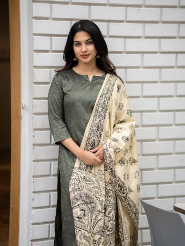 Olive Green Kurta Set with Cream Printed Dupatta for Women Elegant Ethnic Wear