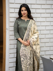 Olive Green Kurta Set with Cream Printed Dupatta for Women Elegant Ethnic Wear
