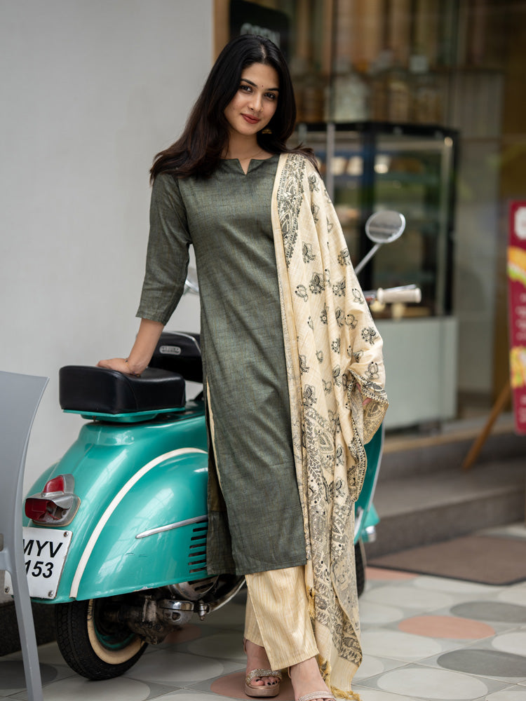 Olive Green Kurta Set with Cream Printed Dupatta for Women Elegant Ethnic Wear