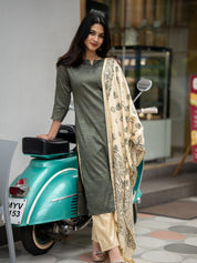 Olive Green Kurta Set with Cream Printed Dupatta for Women Elegant Ethnic Wear