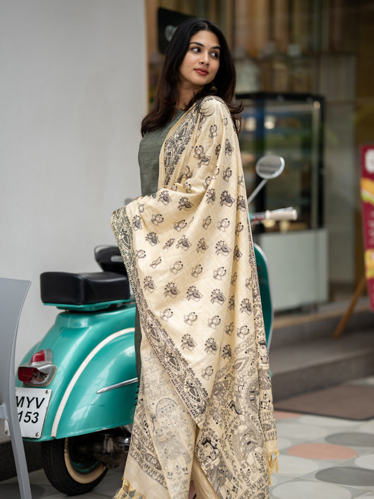 Olive Green Kurta Set with Cream Printed Dupatta for Women Elegant Ethnic Wear