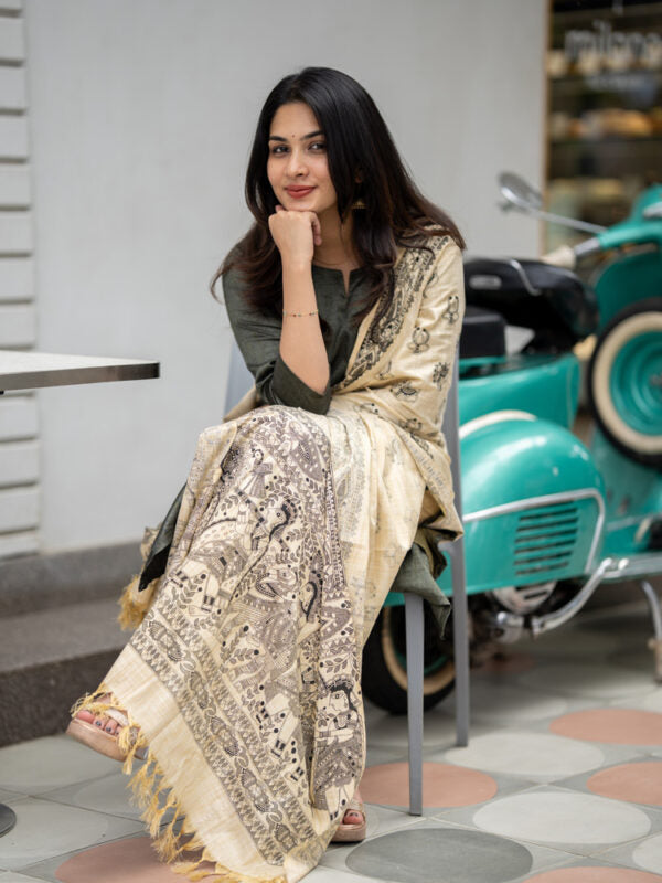 Olive Green Kurta Set with Cream Printed Dupatta for Women Elegant Ethnic Wear