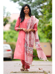 Pink Cotton Kurta Set with Floral Printed Dupatta for Women Elegant Everyday Ethnic Wear