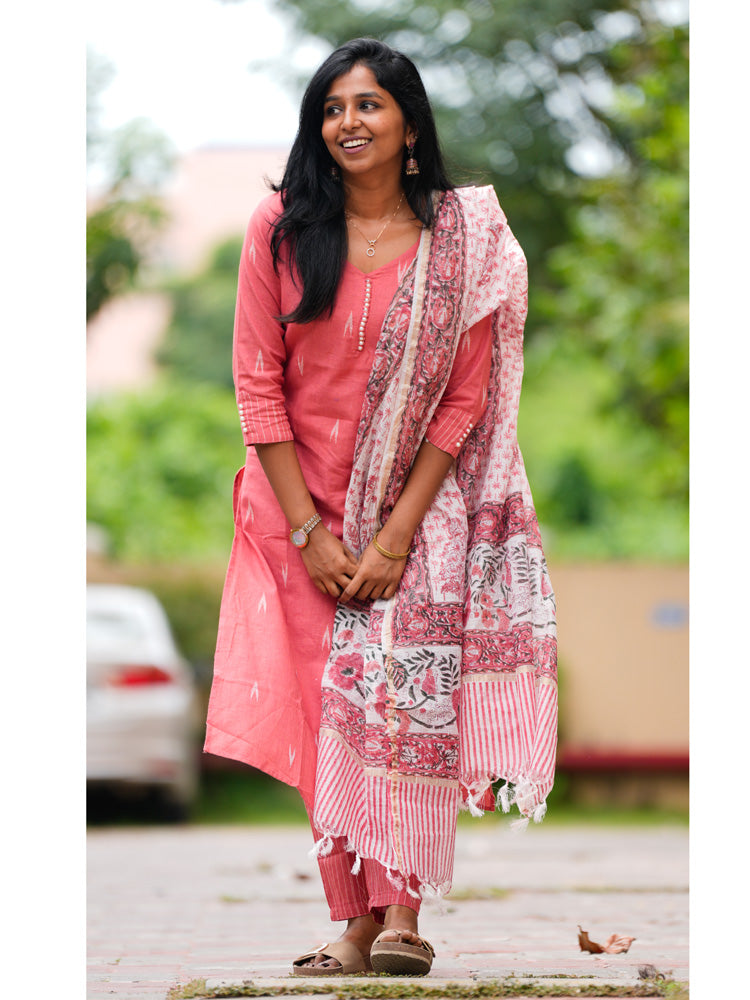 Pink Cotton Kurta Set with Floral Printed Dupatta for Women Elegant Everyday Ethnic Wear