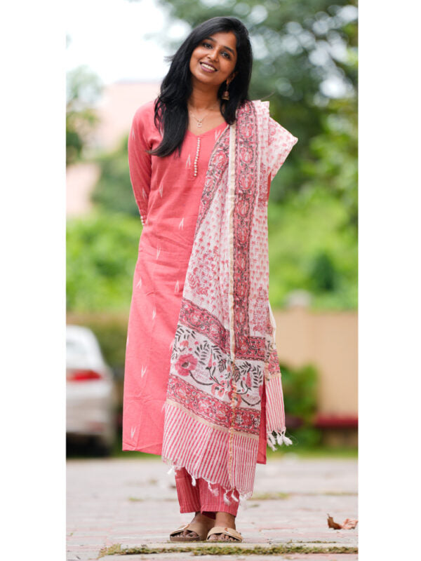 Pink Cotton Kurta Set with Floral Printed Dupatta for Women Elegant Everyday Ethnic Wear