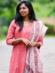 Pink Cotton Kurta Set with Floral Printed Dupatta for Women Elegant Everyday Ethnic Wear