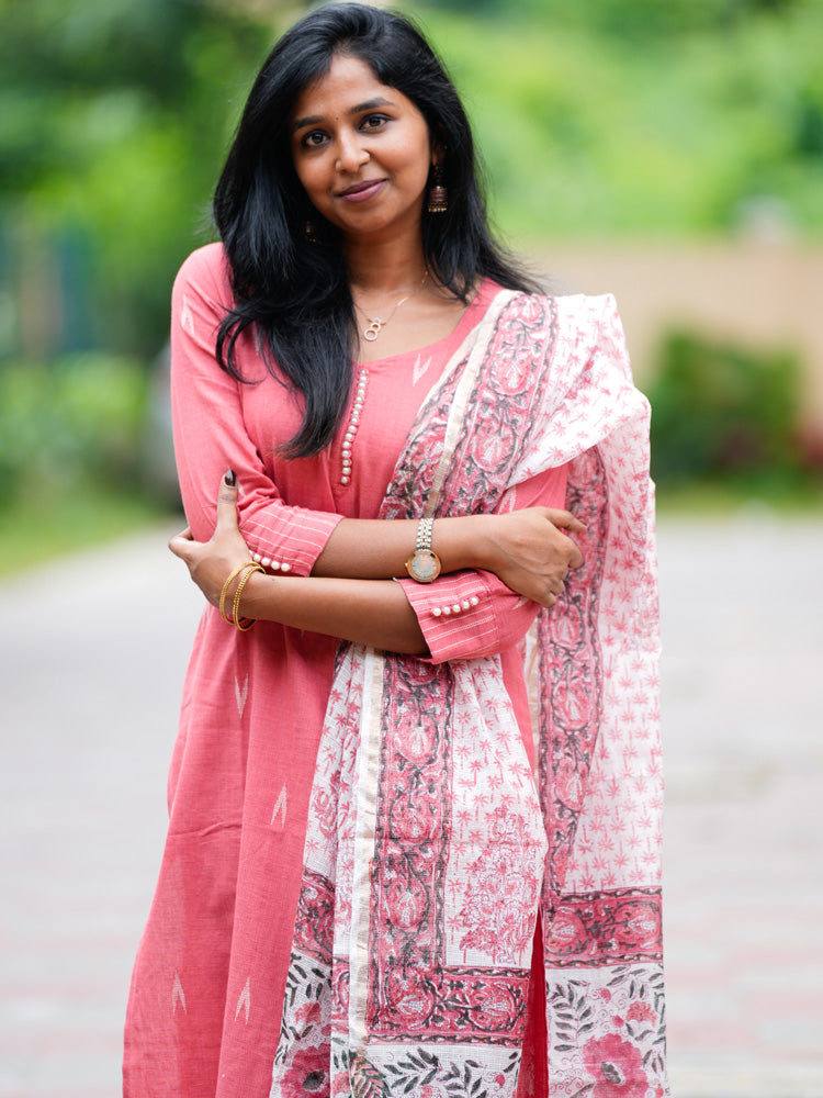 Pink Cotton Kurta Set with Floral Printed Dupatta for Women Elegant Everyday Ethnic Wear