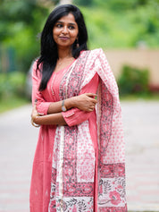 Pink Cotton Kurta Set with Floral Printed Dupatta for Women Elegant Everyday Ethnic Wear