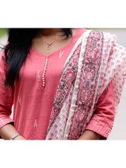 Pink Cotton Kurta Set with Floral Printed Dupatta for Women Elegant Everyday Ethnic Wear