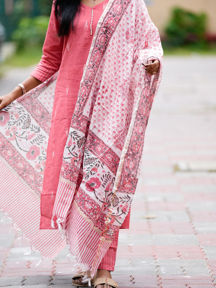 Pink Cotton Kurta Set with Floral Printed Dupatta for Women Elegant Everyday Ethnic Wear