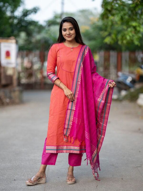 Peach Pink Ethnic Kurta Pant Dupatta Set for Women Festive Traditional Suit