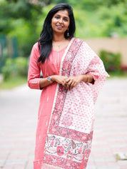 Pink Cotton Kurta Set with Floral Printed Dupatta for Women Elegant Everyday Ethnic Wear