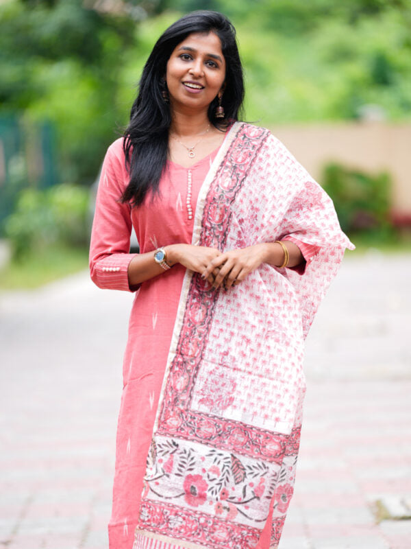Pink Cotton Kurta Set with Floral Printed Dupatta for Women Elegant Everyday Ethnic Wear