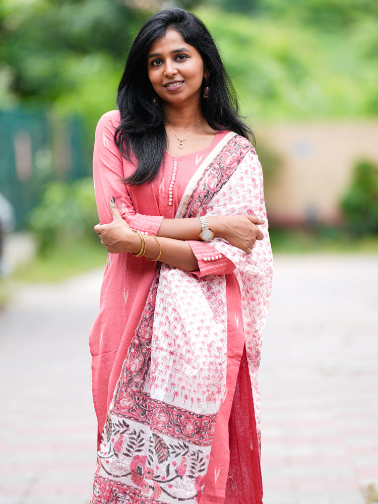 Pink Cotton Kurta Set with Floral Printed Dupatta for Women Elegant Everyday Ethnic Wear