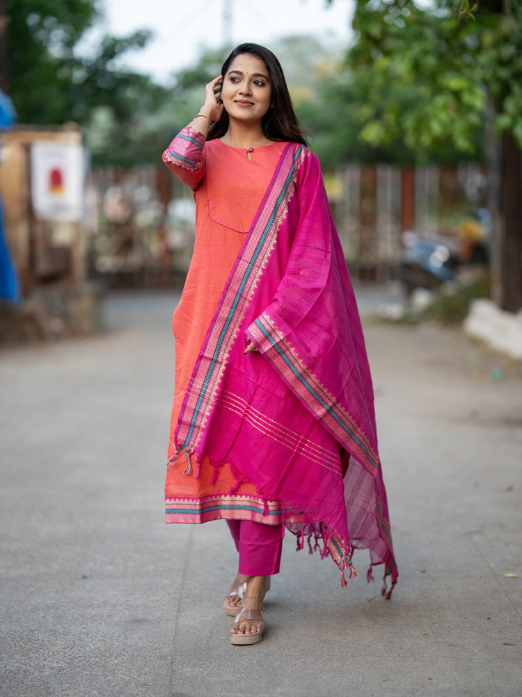 Peach Pink Ethnic Kurta Pant Dupatta Set for Women Festive Traditional Suit