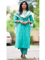 Turquoise Cotton Kurta Set with Embroidered Dupatta for Women | Elegant Ethnic Wear