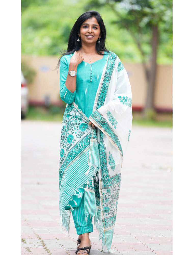 Turquoise Cotton Kurta Set with Embroidered Dupatta for Women | Elegant Ethnic Wear