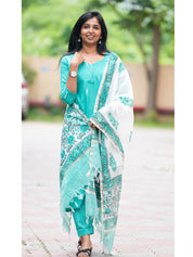Turquoise Cotton Kurta Set with Embroidered Dupatta for Women | Elegant Ethnic Wear
