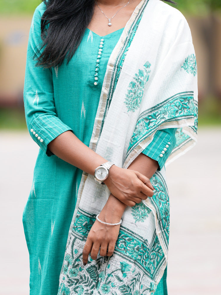 Turquoise Cotton Kurta Set with Embroidered Dupatta for Women | Elegant Ethnic Wear