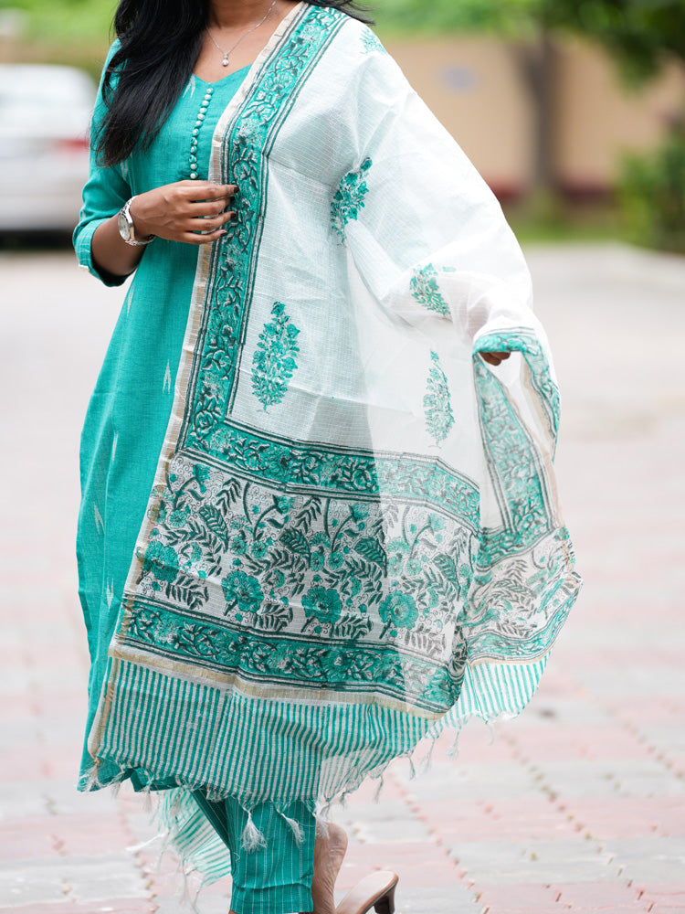 Turquoise Cotton Kurta Set with Embroidered Dupatta for Women | Elegant Ethnic Wear