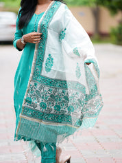 Turquoise Cotton Kurta Set with Embroidered Dupatta for Women | Elegant Ethnic Wear