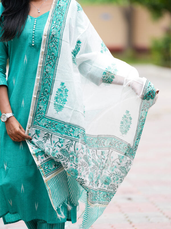 Turquoise Cotton Kurta Set with Embroidered Dupatta for Women | Elegant Ethnic Wear